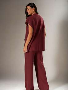 Women's Premium Knit 2-Piece Set With Front Buttons - Modern And Elegant - 紅木色 - 查看 2
