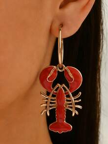 1件春夏度假风珐琅龙虾吊坠C形耳环，时尚优雅女士首饰，海洋主题沙滩戒指，适合度假、送礼、派对 - 金黃色 - 查看 3