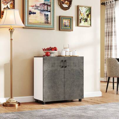  HOMCOM Aparador de 2 Puertas de Cierre Suave Aparador de Salón con Estante Mueble Auxiliar para Cocina Dormitorio Entrada 80x37x80 cm Gris Cemento y Blanco Brillo