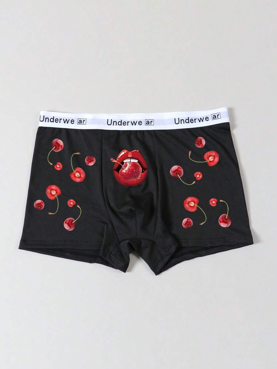 Valentine's Day Men's White Cherry & Lip Print Briefs, Elastic Comfortable Holiday Underwear - Black - View 1
