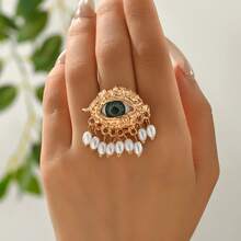 复古风格镀铜恶魔之眼天然粉色珍珠开口戒指，是女士约会和聚会的完美配饰和礼物。 - 彩色 - 查看 3