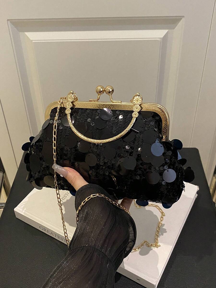 春秋新款亮片云朵扣贝壳包，简约女士链条肩带扣包 - 黑色 - 查看 1