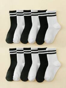 12 Pairs Children's Students' Black & White Striped Sport High Socks,For Spring And Summer - Black and White - View 6