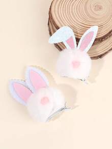 2个装复活节兔子发夹，女士可爱闪亮耳朵鳄鱼夹，心形绒球头饰，女士发饰 - 白色 - 查看 6
