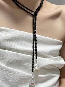 1pc French Retro Unique Asymmetric Pearl & Black Crystal Necklace, Multi-Wear Collarbones Chain, Ins Style Women Necklace - Necklace - View 2