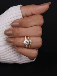 2pcs Crossed Ellipse Rings Jewelry Set - Fashion Lucky Flower Jewelry Set Suitable For Daily Wear Christmas New Year Valentine's Day Holiday Gift - Gold - View 3