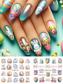 Pegatinas de transferencia de agua para decoración de uñas con diseño de conejo, huevo y flor de dibujos animados - Pegatinas deslizantes de arte de uñas con diseño lindo, accesorios de manicura y suministros de arte de uñas - Multicolor - Ver 3