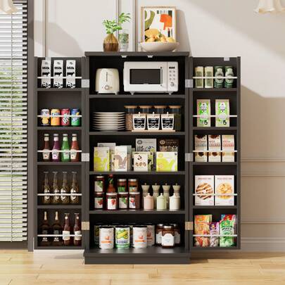  Vongrasig 47in Pantry Cabinet, Wooden Kitchen Storage Cabinets Freestanding Cupboard With Doors & Adjustable Shelves, Storage Cabinet For Kitchen, Living Room, Dining Room