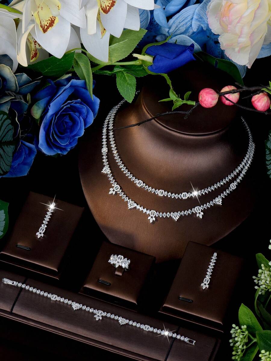 1 Set Versatile Cubic Zirconia Rhombus & Geometric Jewelry Set, Suitable For Women To Wear On Vacation And Travel - Silver - View 1