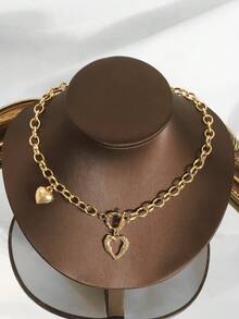 1pc Ins Style Heart Pendant Necklace, Titanium Steel Collarbone Chain Jewelry For Women - Golden - View 2