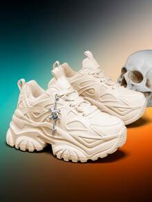 女士哥特朋克万圣节四季户外休闲运动鞋，轻便EVA厚底7厘米厚底运动鞋，老爹鞋，滑板鞋，带十字架骷髅吊坠装饰 - 米色 - 查看 7