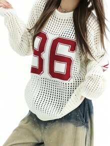 Women's New White Hollow-Out Numeric Jacquard Loose Knit Long Sleeve Top, Y2K Casual American Retro Fashion Comfortable Basic Fitness Running Cycling Spring/Summer Sweater - Multicolor - View 10