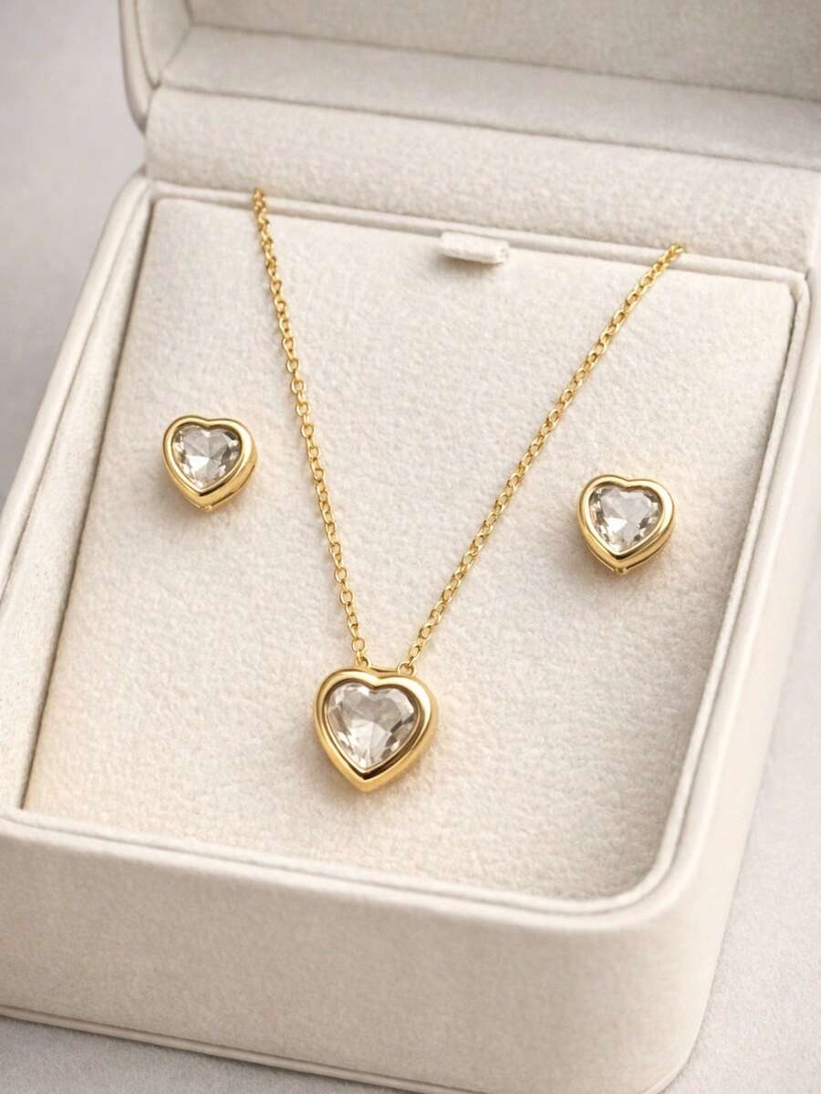 Elegant Zirconia Heart Necklace + Earring Kit For Women, Gold And Silver Plated - Dorado - Ver 1