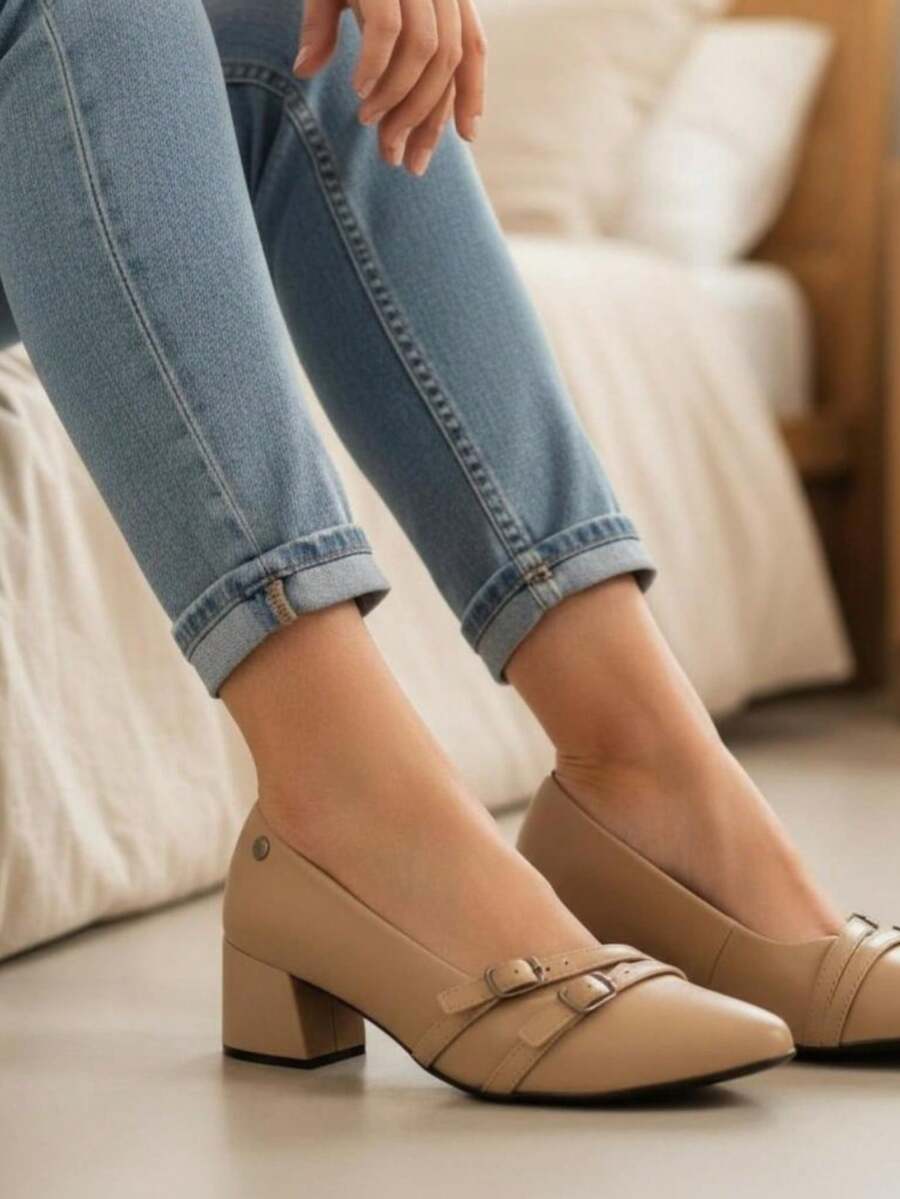 Women's Bellamore Double Buckle Pump With 5cm Low Block Heel - Comfortable, Elegant, Casual, Formal, And Evangelical Fashion - Màu hồng gỉ - Xem 1