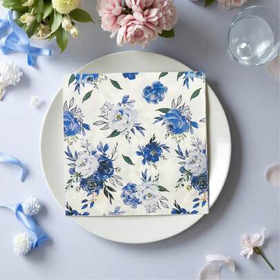 16 peças Guardanapos de Festa com Padrão Floral Azul Brilhante e Branco, 13*13 Polegadas, Expansíveis, Toalhas de Papel Descartáveis Macias de 2 Camadas, Alta Qualidade, Absorventes, Guardanapos Decorativos, Adequados para Decoração de Mesa de Festa e Decorações de Festa - Suprimentos para Festas