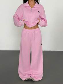 Women Winter Casual Commuter Solid Pink Horse Embroidery Half-Zip Loose Sweatshirt High-Waist Drawstring Straight Sweatpants Set,Animal Pattern Set - Pink - View 3