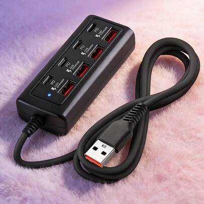8端口USB集线器，配备4个USB Type-C 25W快充端口，高速多端口充电器，适用于包括电脑、笔记本电脑、平板电脑等在内的5V USB设备。