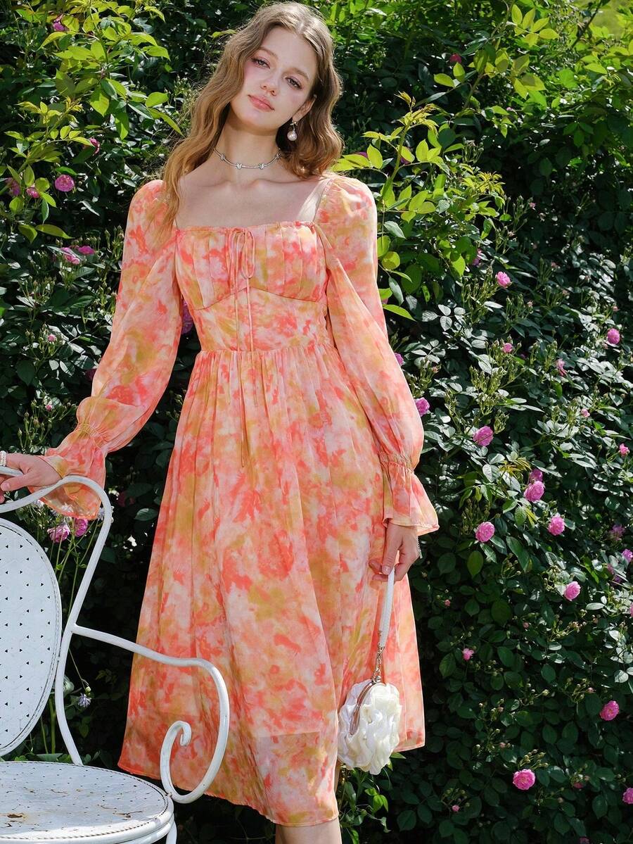 优雅印花喇叭袖腰部系带连衣裙，度假风 - 橘色 - 查看 1
