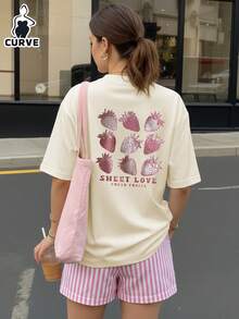 Plus Size Strawberry Print Short Sleeve Top And Striped Print Shorts Set Elegant - Apricot - View 2