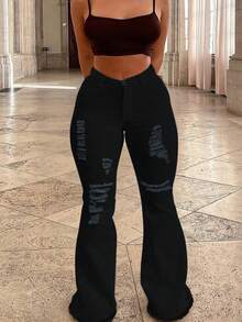 Plus Size Women's Mid-Rise Flared Jeans, Sexy Ripped Elastic Raw Hem Denim Flared Pants, Casual Wear Fashion Trousers - 黑色 - 查看 5