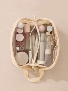 1个格子网眼旅行洗漱包，复古清新风格，高品质多功能透明网眼收纳袋，可爱钱包式整理包，便携式化妆包，带拉链的纸巾盒，女性卫生用品收纳包，多隔层可收纳口红、迷你化妆刷、护肤品等 - 彩色 - 查看 3