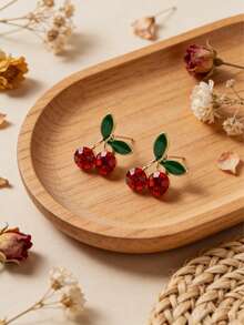 1 Pair Women's Fully Rhinestone Cherry Earrings, Suitable For Daily Wear - Multicolor - View 2