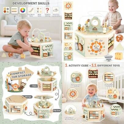 Joyreal Wooden Activity Cube - 11-In-1 Montessori Toys For 1+ Year Old Boys Girls Early Developmental Learning Toys For Toddlers And Ideal 1st Birthday Gift Toys For Baby Animal ThemeChildren's Growth Games, Fun And Joyful, Essential For Childhood