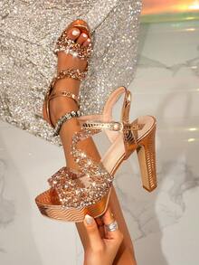 1双优雅搭扣装饰厚底凉鞋，时尚女士夏季户外高跟凉鞋，厚底高跟鞋 - 金色 - 查看 1