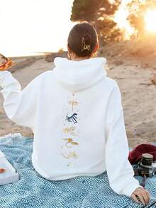 CHICLY19 Women's Oversized BASGIATH Dragon Graphic Hoodie - Black Long Sleeve Pullover With Gold/Blue Dragon Print, Star Accents & Front Logo Design. Loose Fit Casual Sweatshirt For All Seasons, Streetwear Style, Daily Wear, Vacation & Back To School. Cozy Soft Fabric, Kangaroo Pocket, Fantasy-Inspired Hooded Top For Teens & Young Adults. Perfect For Fall/Winter Layering Or Spring Autum Outfits. - 白色 - 查看 4