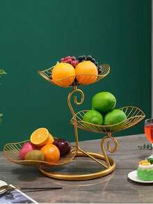 3-Tier Iron Leaf Design Fruit Basket, Elegant & Luxurious Style Snack Tray/Fruit Plate For Living Room - Multicolor - View 4