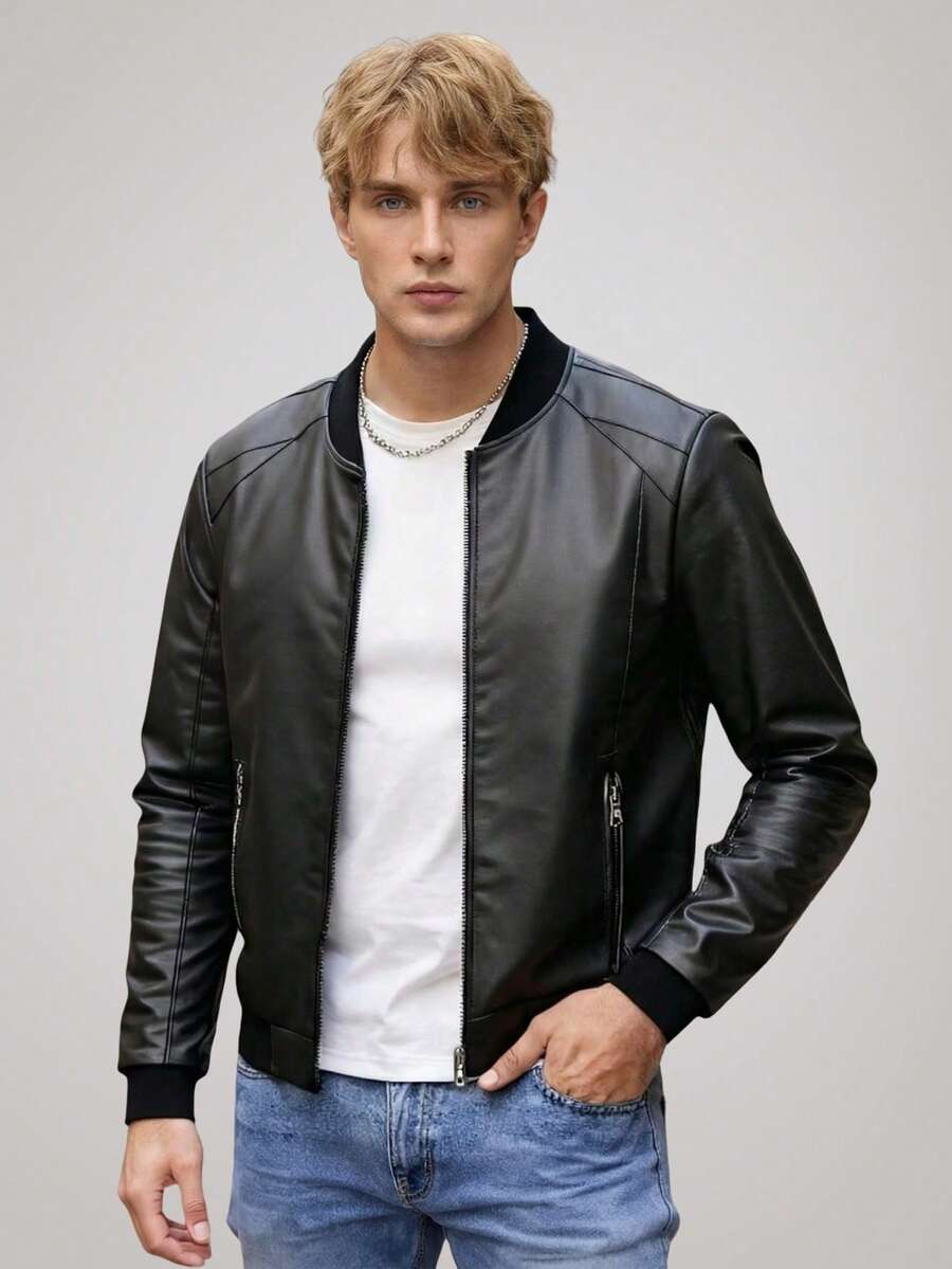 Officeau 男士商务休闲黑色棒球领PU皮夹克，常规版型，秋冬款 - 黑色 - 查看 1