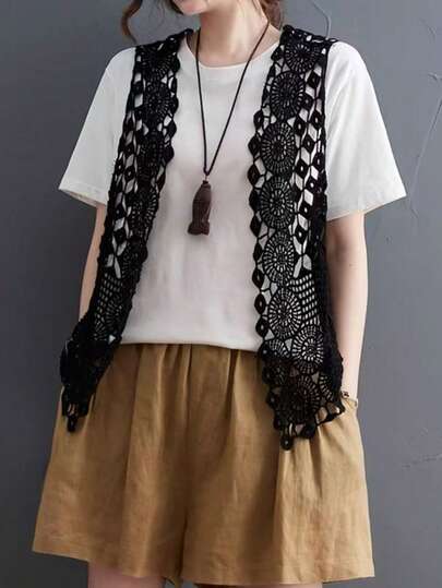 Damen Vintage handgefertigter gehäkelter Spitzen-Ausschnitt-Schwarz Strickjacken-Weste
