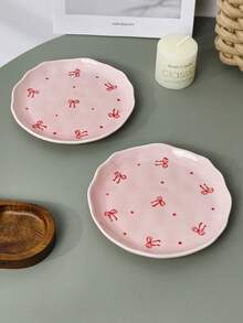 1个/2个法式可爱粉色蝴蝶结陶瓷餐盘，手绘釉面，西式牛排/意面盘，水果沙拉盘，甜点蛋糕盘，节日礼物，送女友的礼物