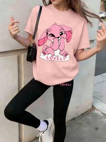 2pcs/Set Loose Fit Short Sleeve Outfit For Young Girls, Cute Angel Graphic Decor, Elastic Waist Flare Pants, Suitable For Spring/Summer - Multicolor - View 1