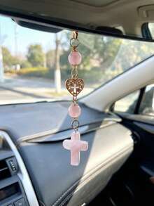 粉色天然玫瑰石英十字架汽车后视镜装饰品，宗教水晶汽车内饰摆件，心形十字架吊坠，精神守护者装饰后视镜配件，节日礼物（女士） - A - 查看 6