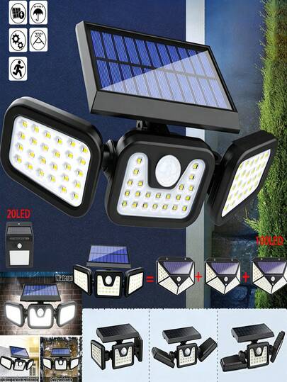 IP65 Vattentät soldriven utomhusbelysning med rörelsesensor, 270° säkerhetsstrålkastare, justerbart huvud, enkel installation, solcellsvägglampa för trädgårdsgarage, långvarig prestanda