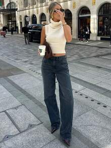 Women's Elegant Sleeveless High Neck Cropped Top, Ribbed Knit Stretchy Vest - Apricot - View 8