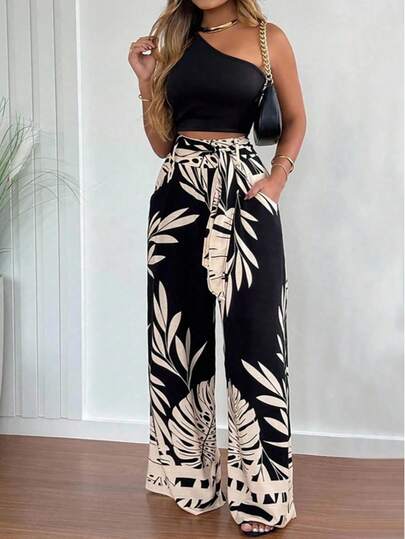 2pcs Women Set: Fitted One Shoulder Top With Waist Tie & Straight Printed Pants; Beach Outfits For Woman;Vacation Outfits Women;Summer Outfits; Conjunto Para Mujer
