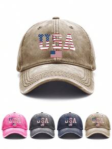 1pc USA Flag Printed Baseball Cap, Men's Oxford Lining, Classic Curved Brim, Natural, Comfortable And Breathable, Adjustable Hook And Loop Closure At The Back, Suitable For Everyday Wear, Outings, Sports, Outdoor Activities, Travel, Etc, For Spring/Summer/Fall, Independence Day, Memorial Day, El E Cti On Day - 卡其色 - 查看 1
