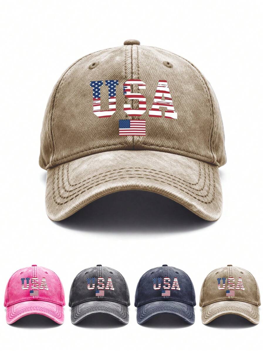 1pc USA Flag Printed Baseball Cap, Men's Oxford Lining, Classic Curved Brim, Natural, Comfortable And Breathable, Adjustable Hook And Loop Closure At The Back, Suitable For Everyday Wear, Outings, Sports, Outdoor Activities, Travel, Etc, For Spring/Summer/Fall, Independence Day, Memorial Day, El E Cti On Day - 卡其色 - 查看 1