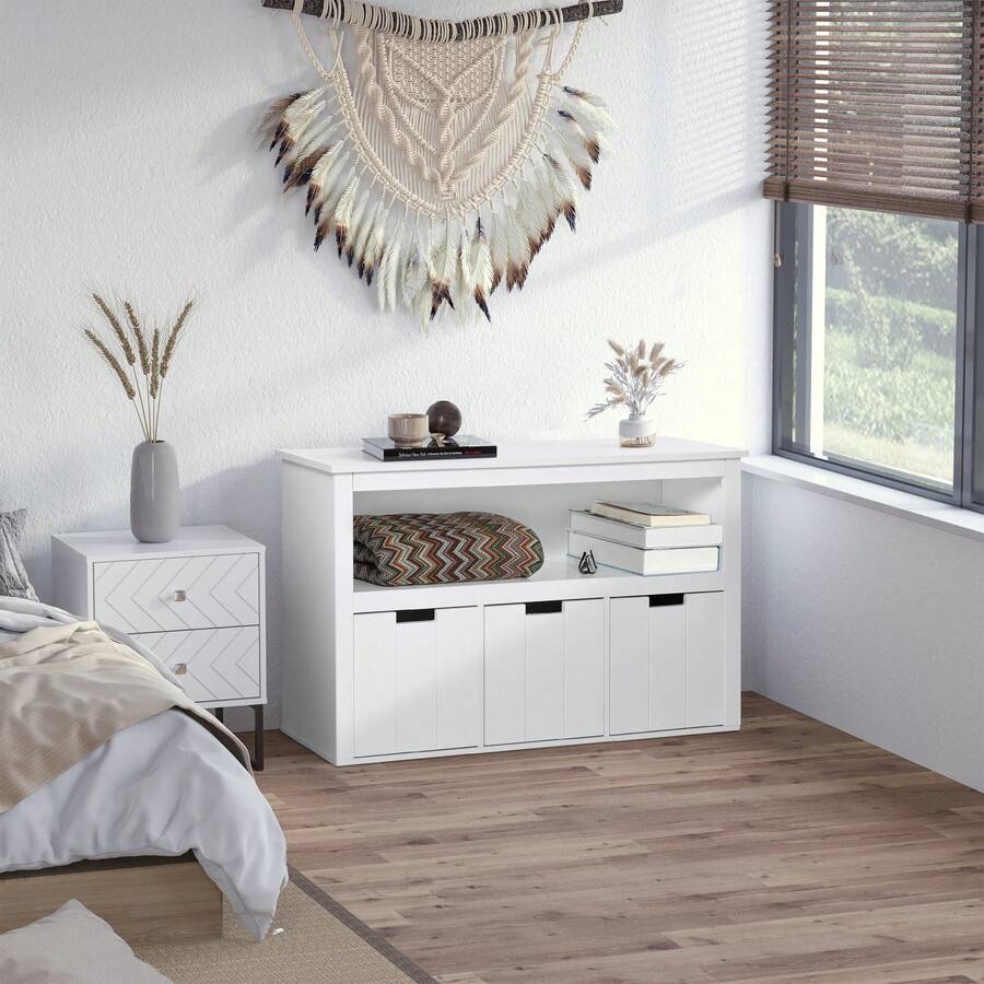 HOMCOM Aparador de Salón con 3 Cajones Extraíbles y Estantes Abiertos para Libros Juguetes Armario Auxiliar de Almacenamiento para Dormitorio Cocina 102x33x61,5 cm Blanco - Blanco - Ver 1