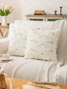 1 Vỏ gối thêu hình sao và mặt trăng, vỏ gối phong cách Boho màu trắng dùng cho phòng khách, tiệc tùng, phòng ăn, ghế sofa, mọi mùa - trắng - Xem 5