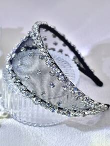1件装奢华黑色网纱水钻装饰宽发箍，优雅时尚，适合女性，可用于婚礼、派对、日常佩戴，是节日派对的百搭发饰。 - 銀色 - 查看 4