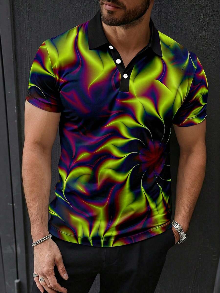 男士夏季休闲模糊迷彩印花短袖Polo衫 - 彩色 - 查看 1