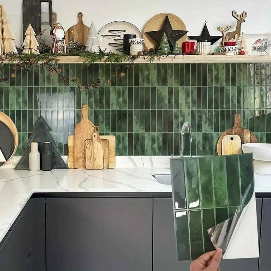 10/20/30pcs Green Brick Pattern Peel And Stick Ceramic Tile Backsplash, Waterproof Wall Sticker For Living Room, Kitchen, Bathroom