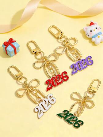 1pc/Set New Year Celebration Bow Knot 2026 Numeric Keychain, Cartoon Oil Drop Multicolor Creative Cute Metal Pendant, Suitable As Keyring, Bag Charm, For Men, Women, Teens, Daily Wear, New Year Gift, Friend Gift