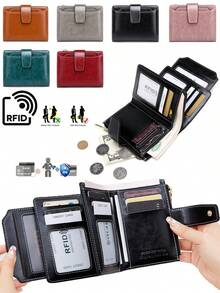 Women Fashion Multifunctional Oil-Waxed Leather Wallet Small Compact RFID Blocking Bifold Credit Card Case Purse With Zipper Pocket & Detachable ID Windows | Small, Compact, RFID Blocking, Zipper Pocket, Small, Compact - Multicolor - View 2