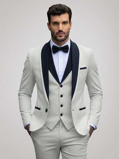 Officeau 男士三件套披肩领西装，纯白色，包含西装外套、马甲和西裤，适合正式商务场合和新郎婚礼，经典绅士风范，搭配西裤，春夏皆宜。
