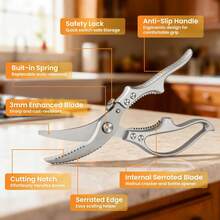 重型专业厨房剪刀，采用锋利的不锈钢刀片 - 结构坚固耐用，带锯齿防滑手柄和锁定装置，适用于切割肉类、骨头、鸡肉、牛排、家禽 - 适用于家庭和商业厨房（屠宰剪刀）