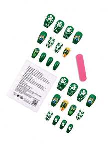24pcs St. Patrick's Day Clover Rainbow Press On Nails Coffin , Green Nails Supplies Art Perfect For Everyday Wear - Multicolor - View 4